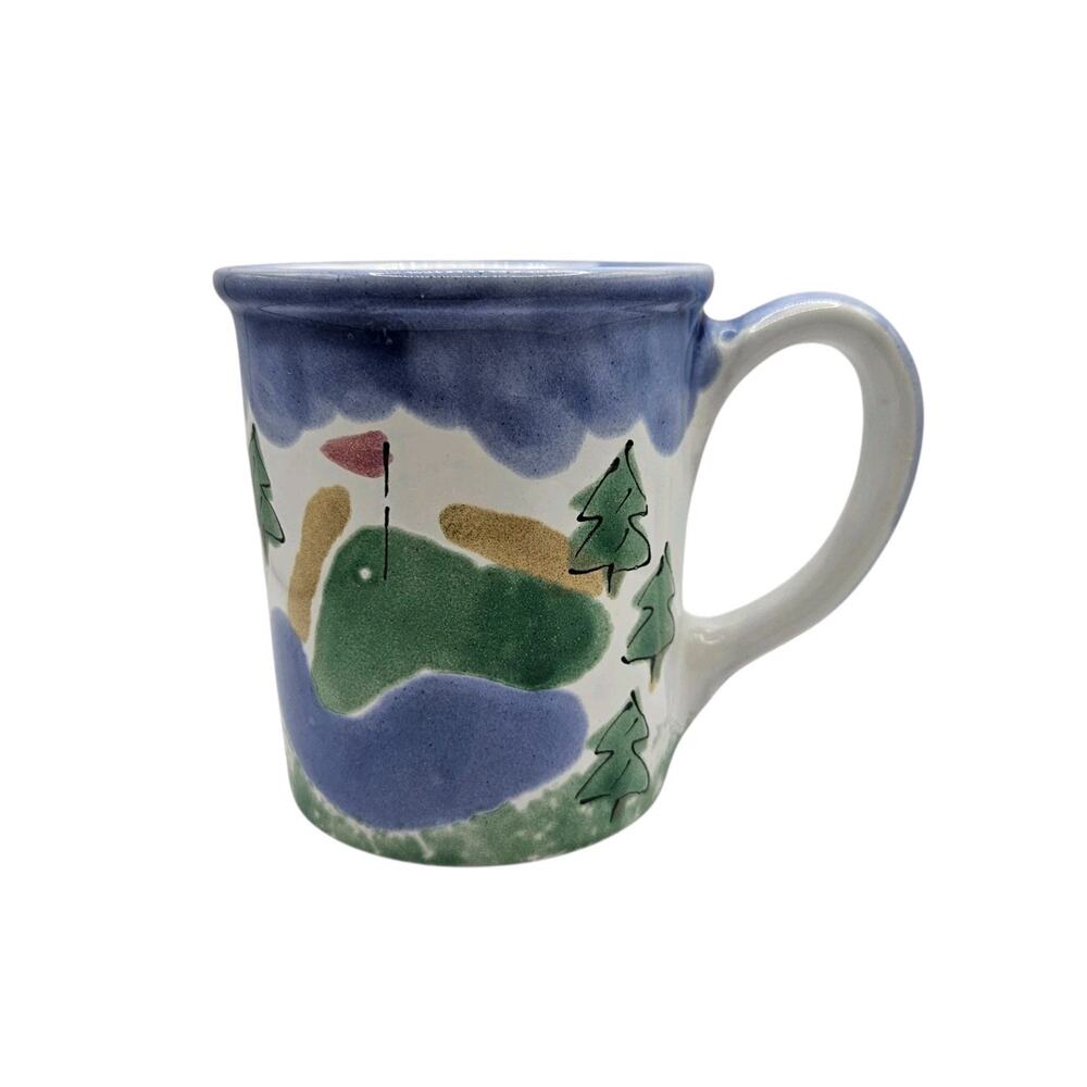 Studio Pottery Hand Painted Golf Course Golfing Signed Ceramic Coffee Mug